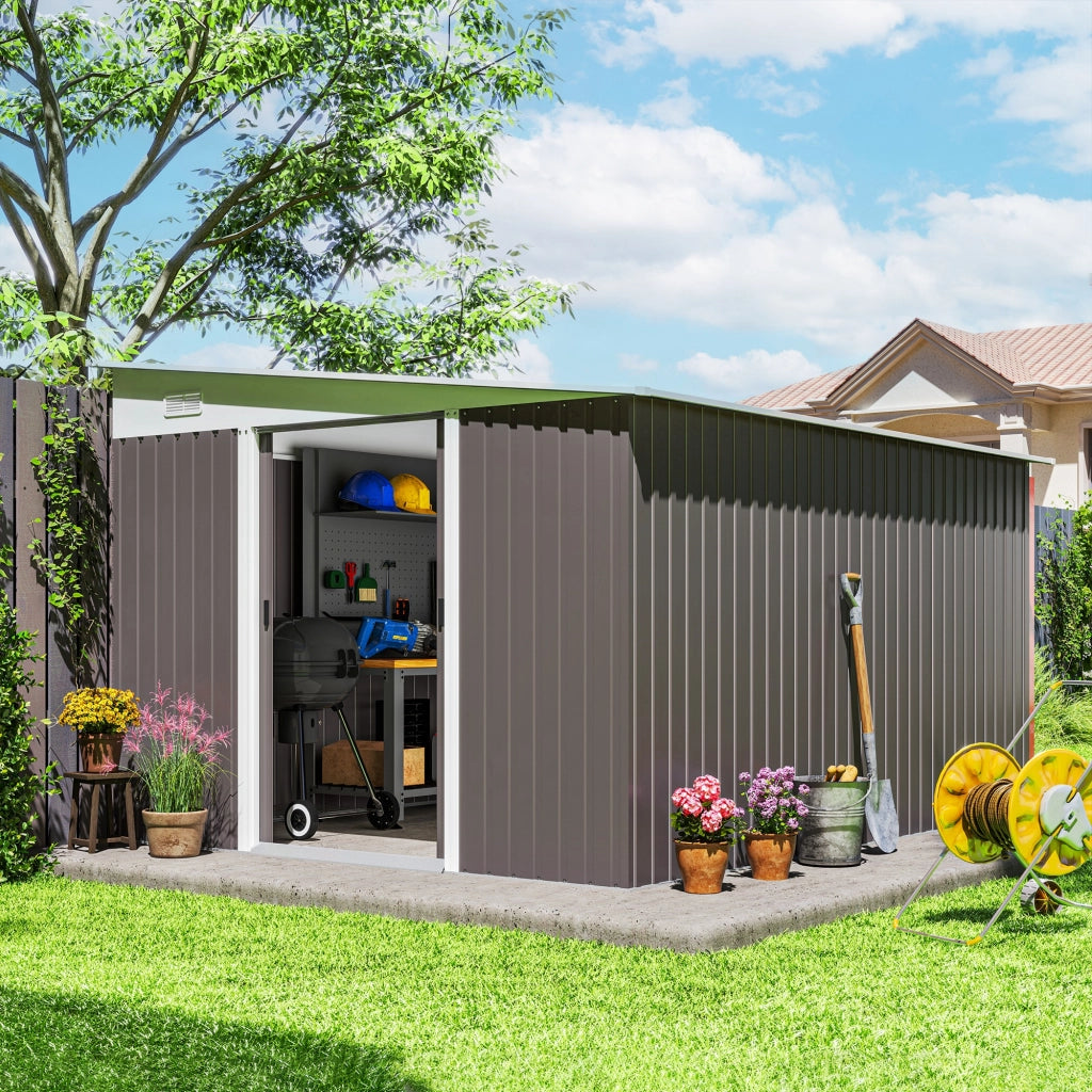 Casetta da Giardino con Porta Scorrevole, in Acciaio, 345x280.5x169-201cm, Grigio