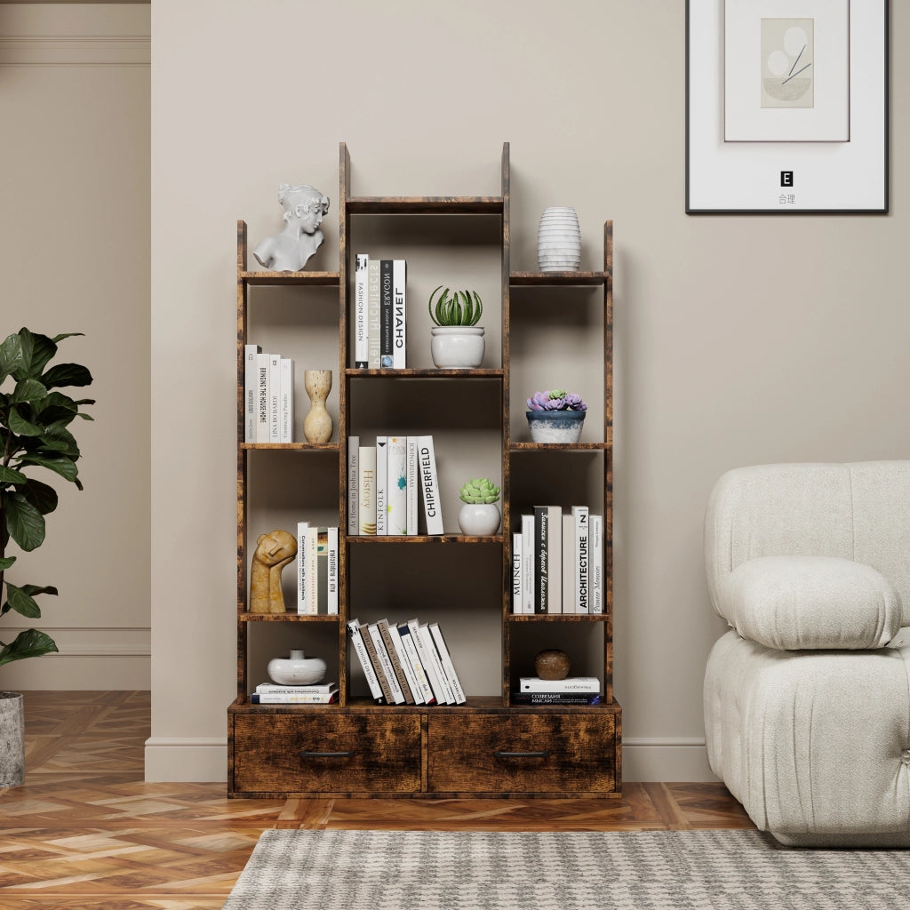Libreria Industriale con 12 Ripiani e 2 Cassetti ¨C MINIMAL ¨C Legno Marrone