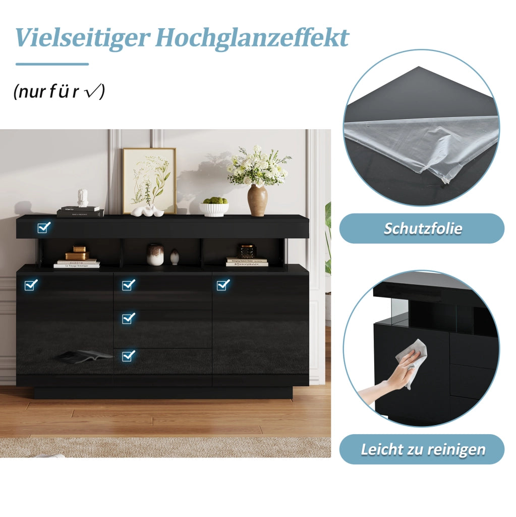 Credenza moderna lucida nera con LED e 3 cassetti