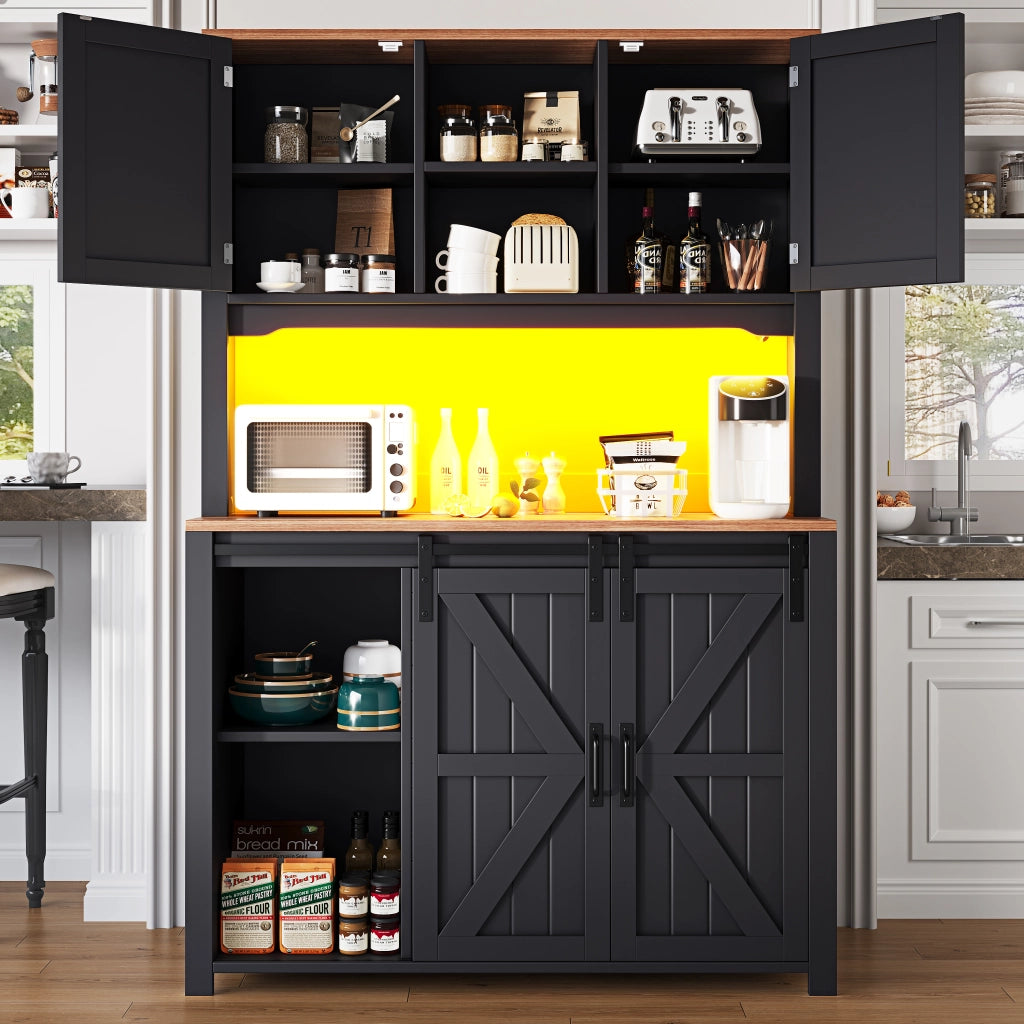 OKWISH Credenza alta da cucina con ante scorrevoli e 2 cassetti, ripiani regolabili e LED, per cucina, 115 × 40 × 174,7 cm