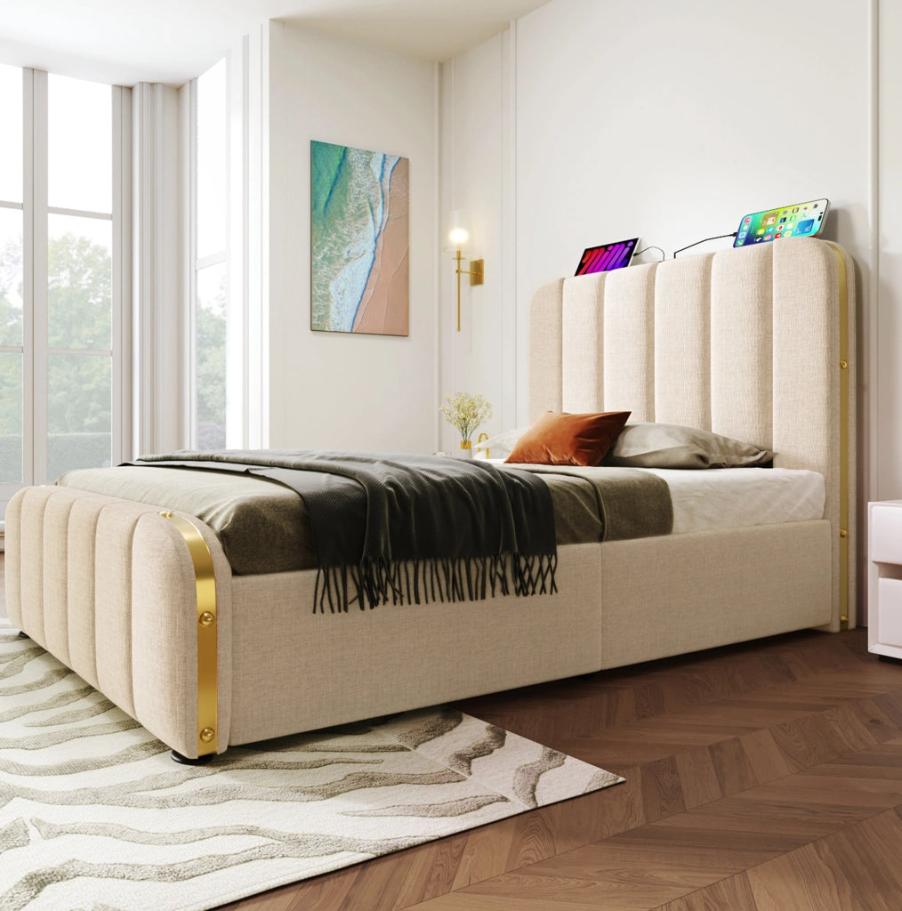 Letto singolo contenitore 90x200 beige in lino， testiera USB Type-C， materasso incluso