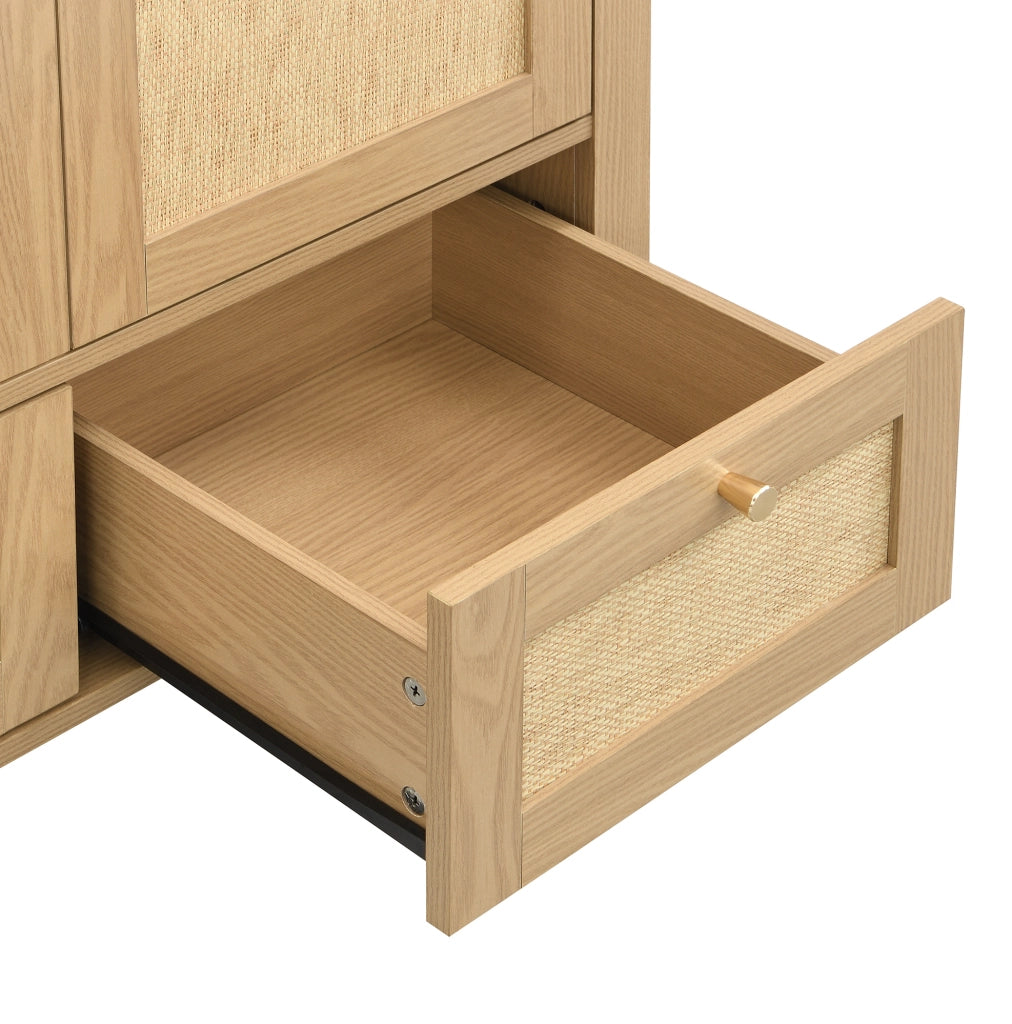 Armadio con 2 ante e 2 cassetti 180 cm in MDF con finitura rovere e rattan beige, design ad arco con appendiabiti e ripiano aperto