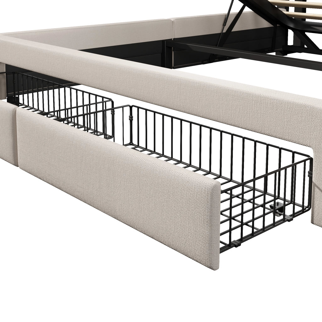 Letto contenitore 140x200 cm in lino beige con cassetti; testiera portaoggetti; LED e USB-C