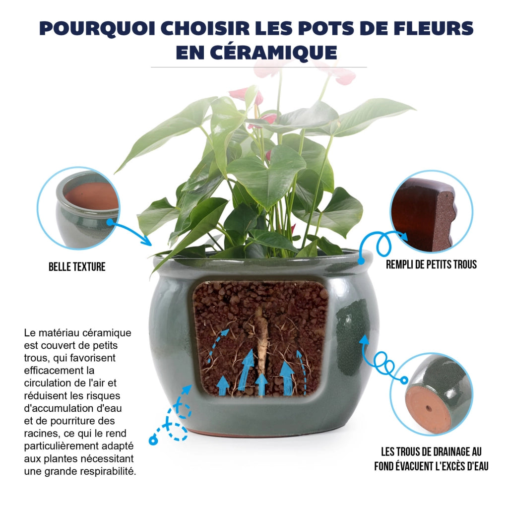 Set di 3 Vasi in Ceramica Artigianale Smaltati Blu-Verde Antico Ø 37/30/23 cm per Giardino e Balcone