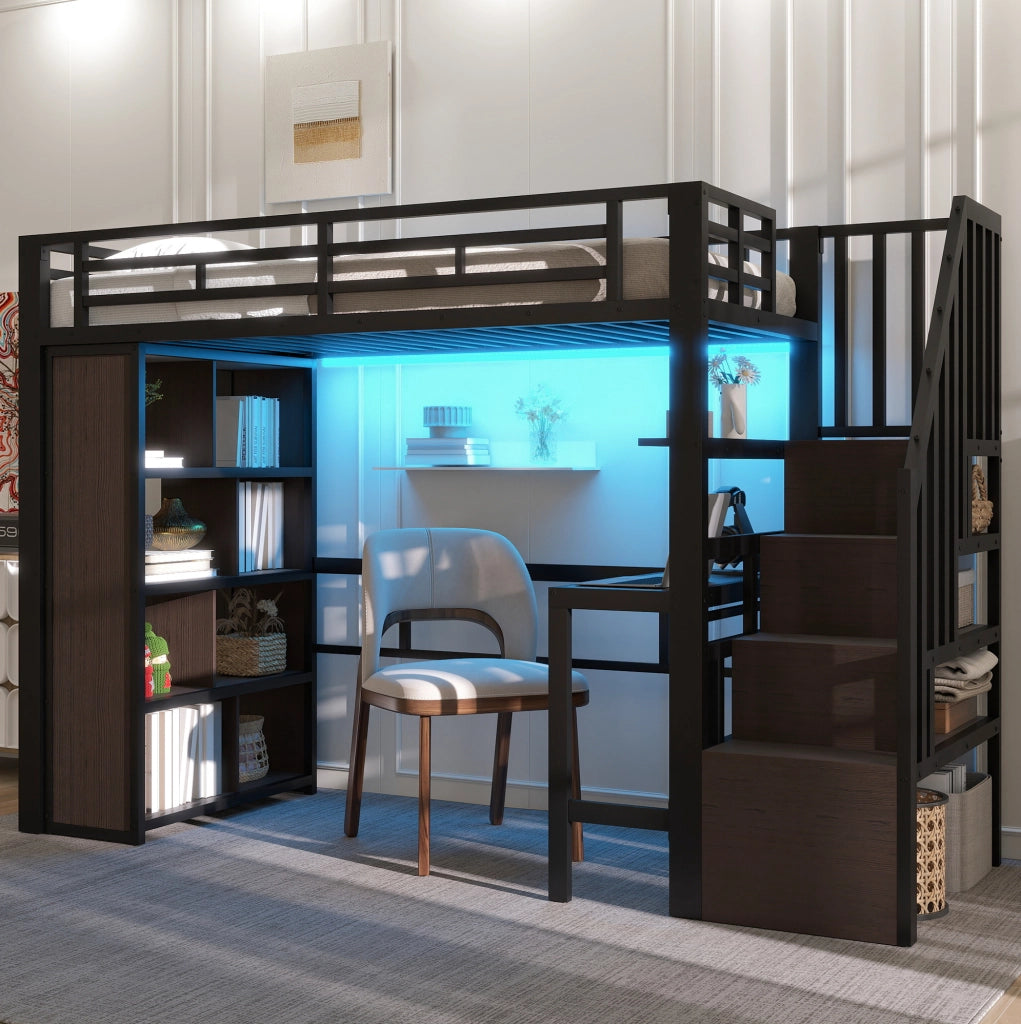 Letto a soppalco 90 x 200 cm con scrivania, ripiani e LED nero