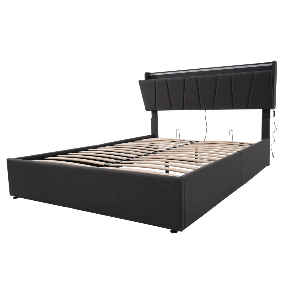 Letto imbottito 140x200 cm con contenitore, LED, prese USB/USB-C e materasso grigio