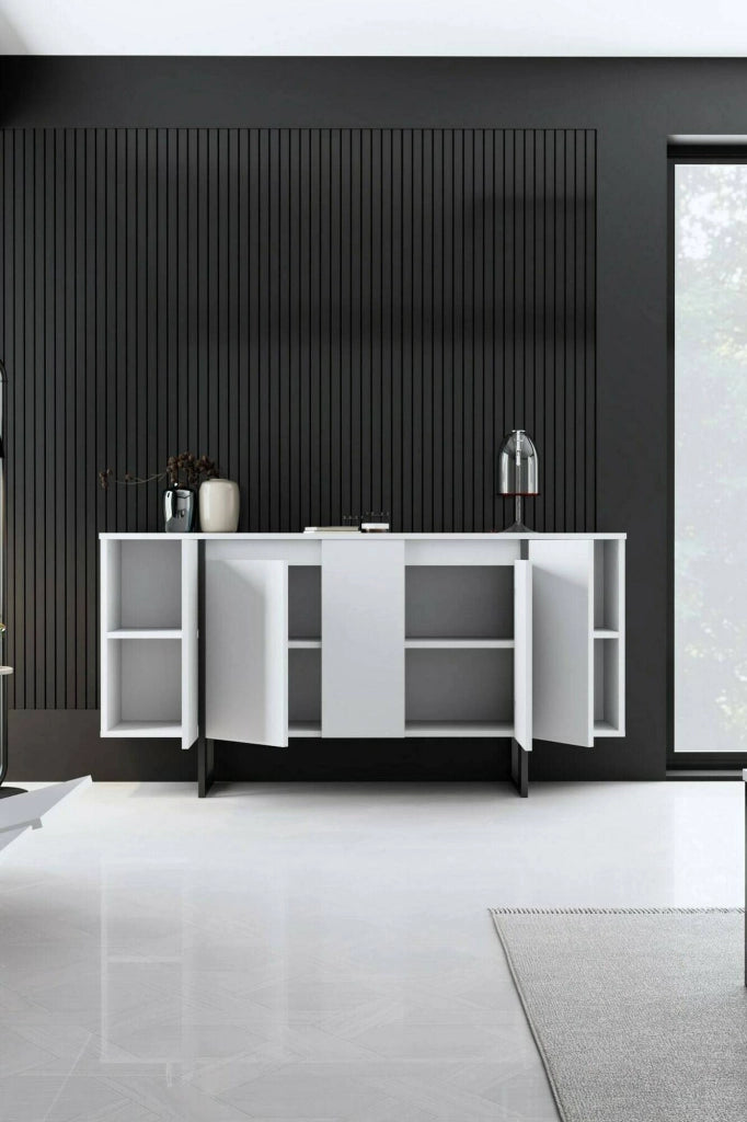 Credenza Arta, Buffet da soggiorno, Madia da salotto, Dispensa da cucina, 160x35h80 cm, Bianco e Nero