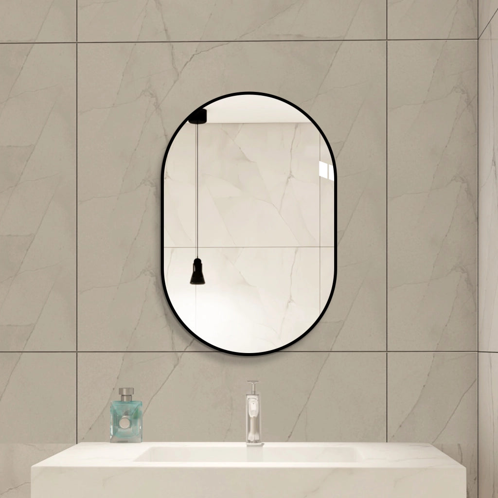 Specchio da parete ad arco 60 × 120 cm con cornice in alluminio nero, vetro argentato senza rame, montaggio flessibile