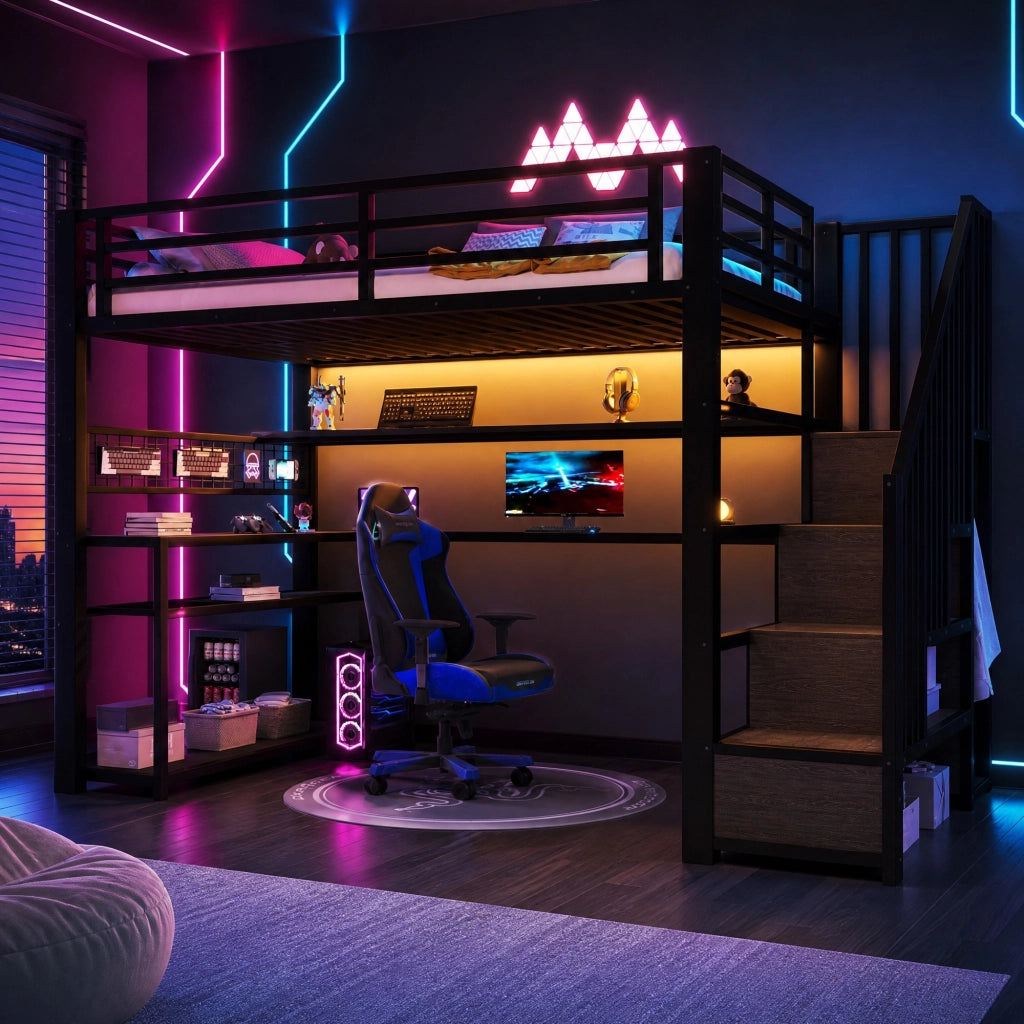 Letto a soppalco 90 × 200 cm con scrivania armadio LED RGB scala contenitore in metallo e MDF nero