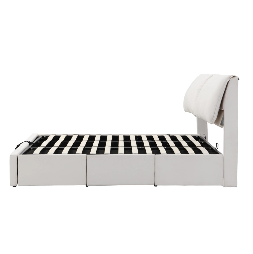 Letto imbottito 180x200 cm con contenitore idraulico, 3 cassetti e testiera in velluto beige, senza materasso