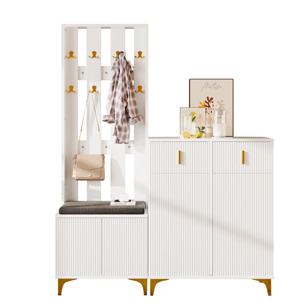 Set guardaroba bianco con scarpiera, appendiabiti e cuscino