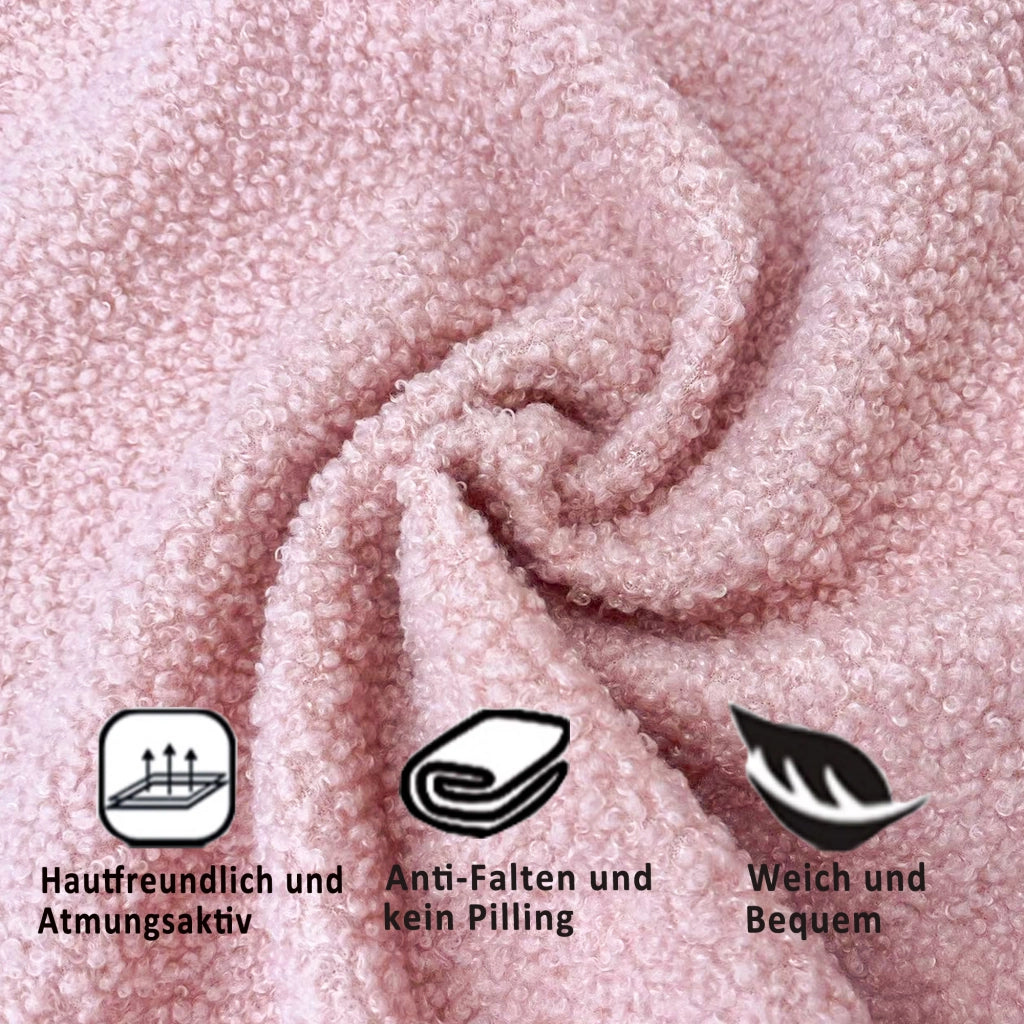 Letto imbottito 90 × 200 cm in tessuto teddy rosa con schienale e braccioli; rete a 12 doghe; portata 120 kg