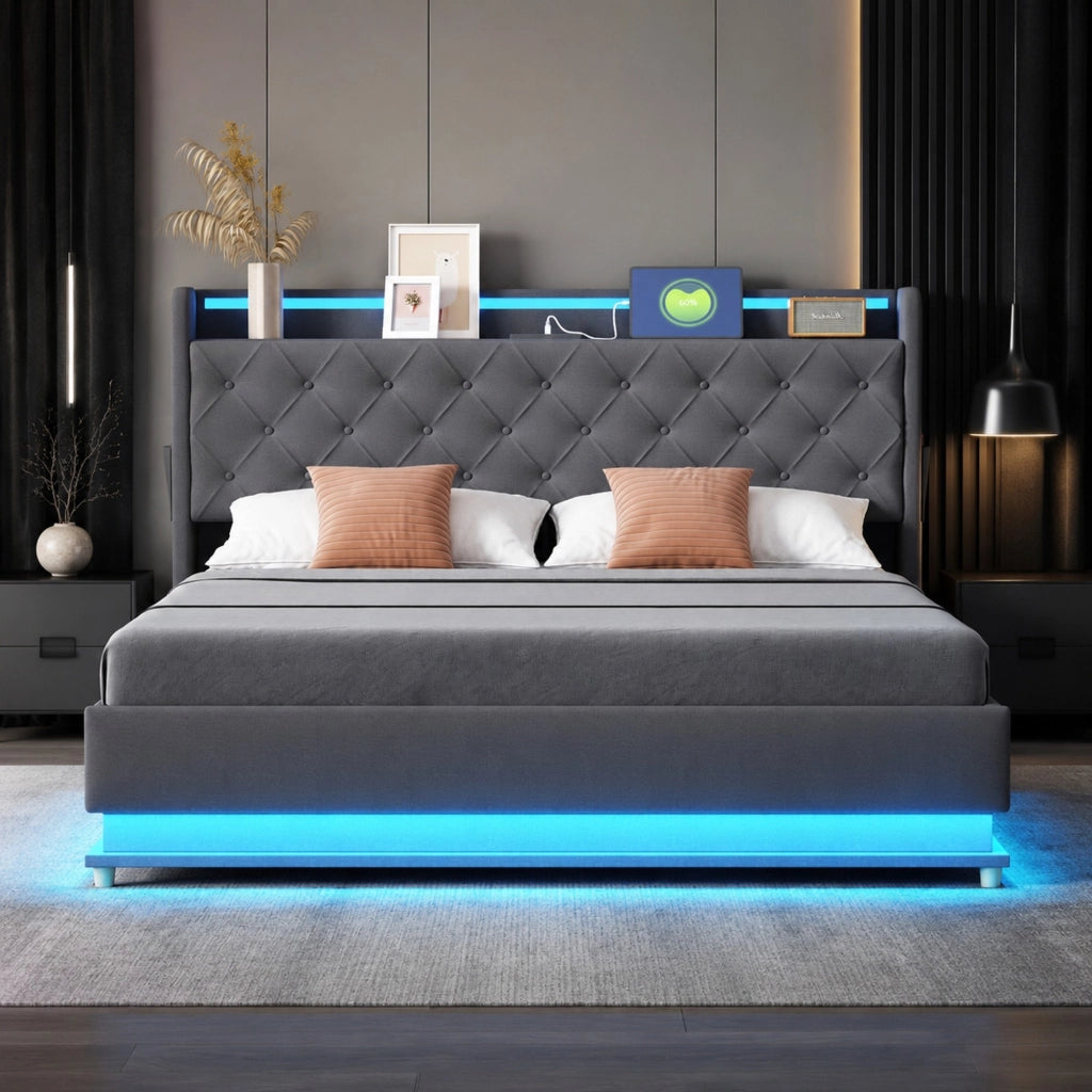 Letto imbottito LED 160x200 cm con porta USB e contenitore idraulico; grigio