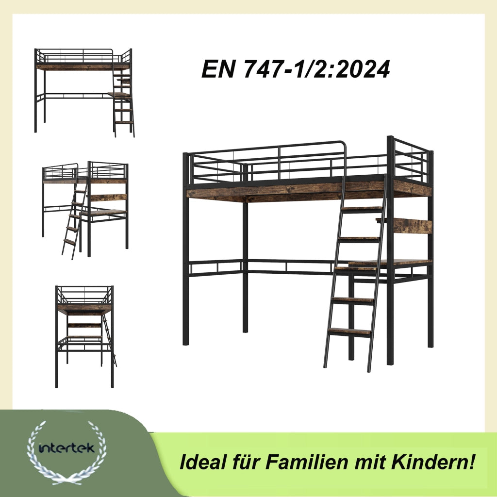 Letto a soppalco 90 × 200 cm con scrivania e scaffali in metallo e MDF nero con scala e sponde