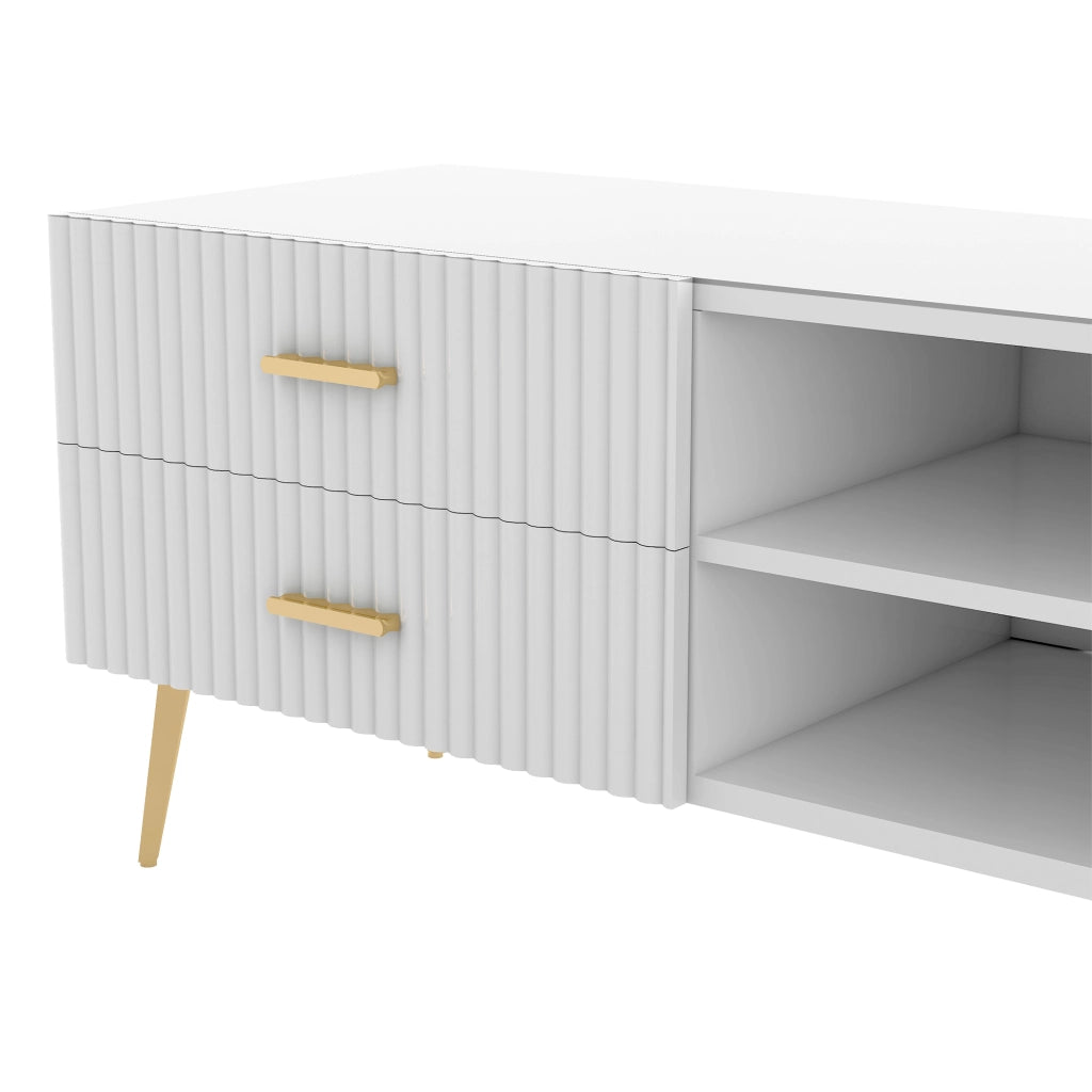Mobile porta TV bianco in MDF con 2 cassetti e vani aperti, moderno e capiente