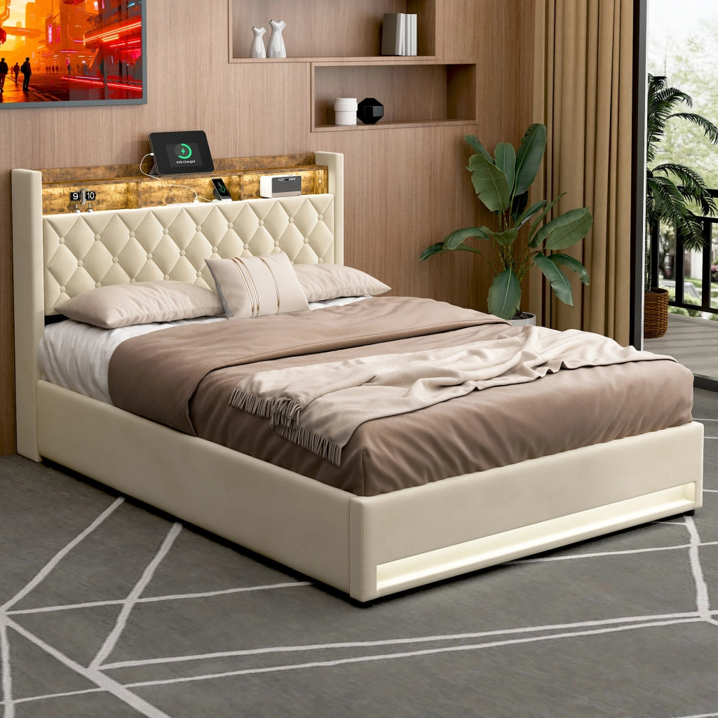 Letto contenitore imbottito 160x200 cm con luce LED; presa elettrica e porta USB; velluto; beige; senza materasso