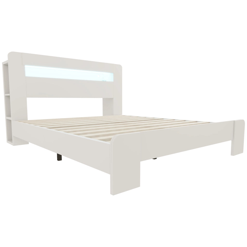 Struttura Letto in Legno Bianco 140x200 cm con Testiera Portaoggetti; LED e Prese Integrate