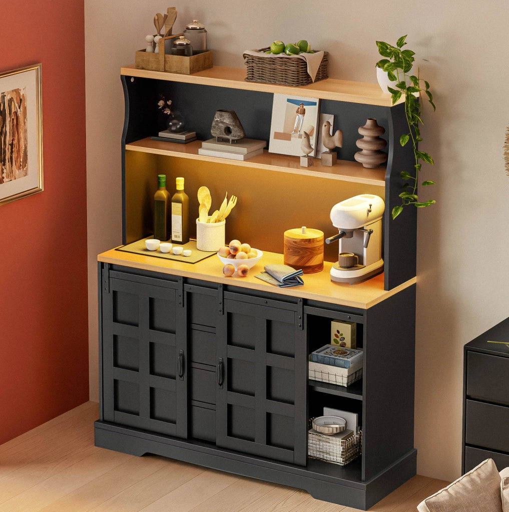 Credenza da cucina 120x40x150 cm con LED RGB, prese USB e 4 cassetti in MDF nero