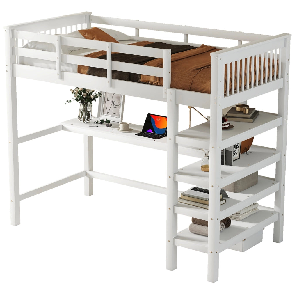 Hochbett 90x200 cm con scrivania e ripiani; in pino e MDF; bianco