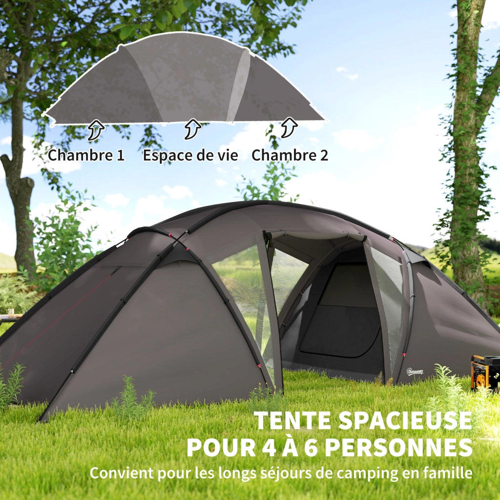 Tenda da Campeggio Familiare a Tunnel per 4-6 Persone in Poliestere Nero, Impermeabile 3000 mm con 2 Porte e Borsa di Trasporto