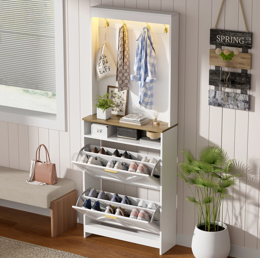 Armadio Slim Porta Scarpe con Illuminazione LED e 2 Cassetti Ribaltabili, con Ganci, Bianco, 70x24x180 cm