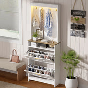 Armadio Slim Porta Scarpe con Illuminazione LED e 2 Cassetti Ribaltabili, con Ganci, Bianco, 70x24x180 cm