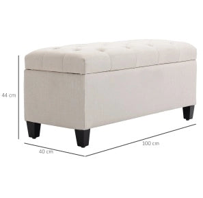 Panca contenitore imbottita in poliestere effetto lino crema 100x40x44 cm con gambe in legno di caucciù