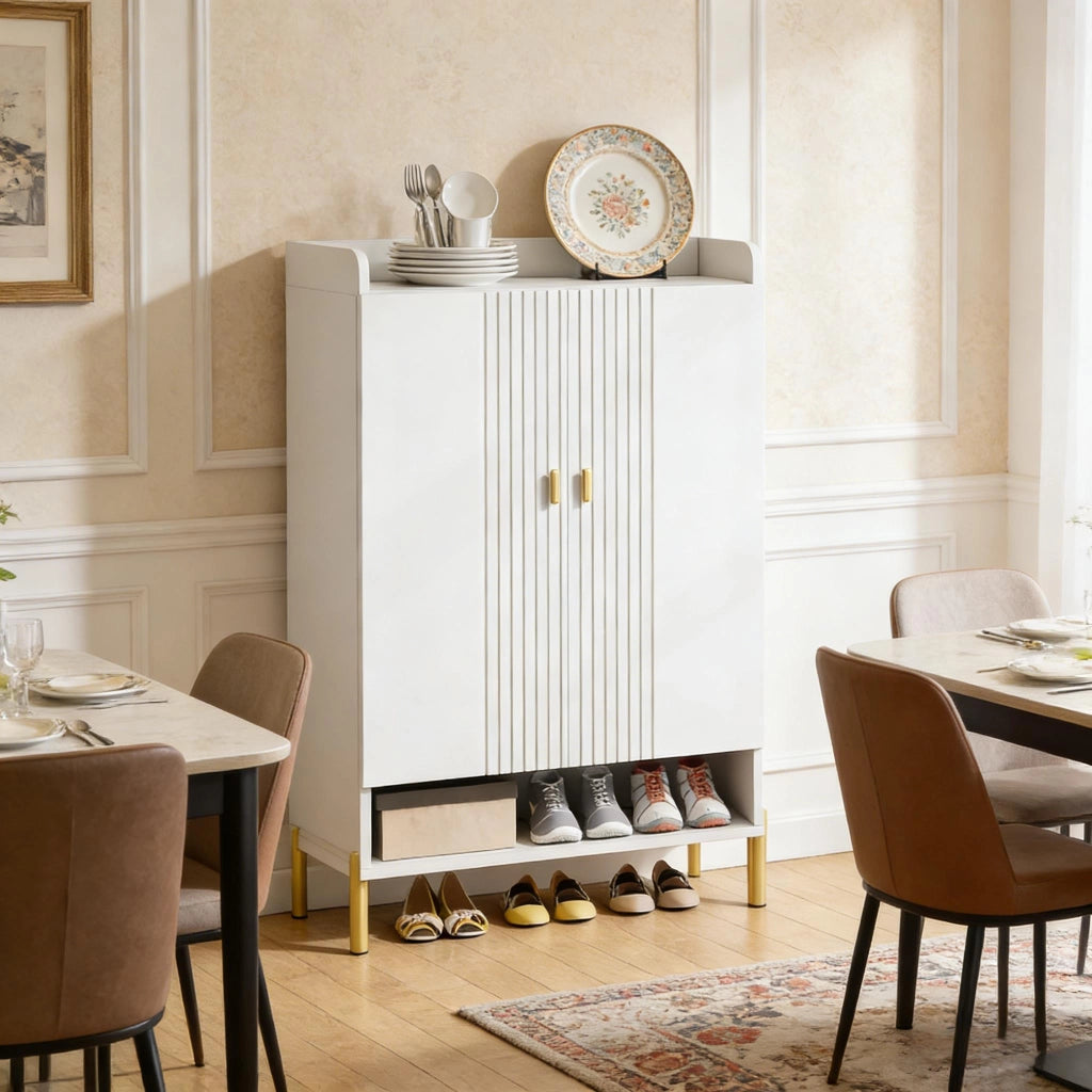 Scarpiera a 6 ripiani con 2 ante e piano d'appoggio in metallo e legno bianco e oro 75 × 36.5 × 110 cm