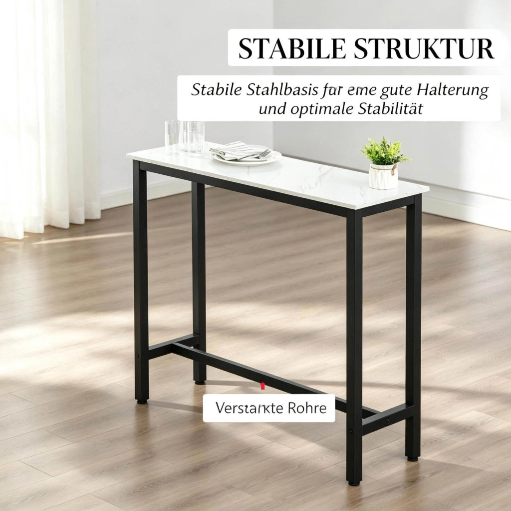 Tavolo Bar Moderno con Struttura in Acciaio Nero e Piano Effetto Marmo Bianco 120x40x100 cm