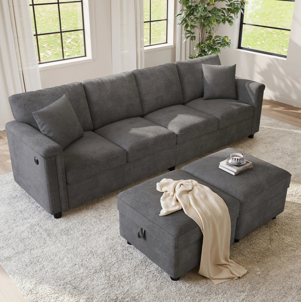 Divano modulare grigio in tessuto Chenille con 2 pouf contenitori e 2 cuscini decorativi, 261×134×82 cm