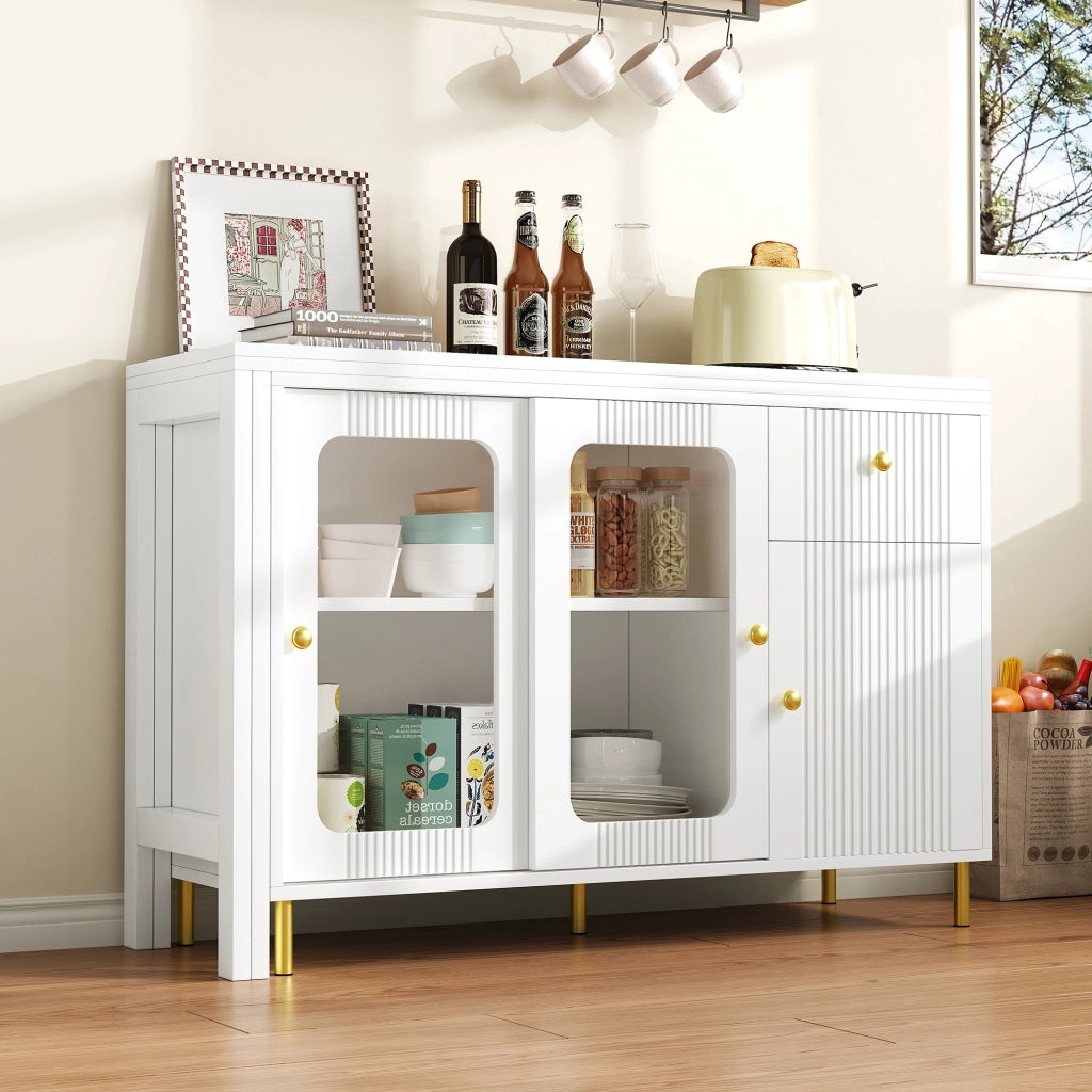 Credenza e madia con piano pieghevole estensibile, 2 ante scorrevoli e cassetti, per cucina e sala da pranzo, bianca