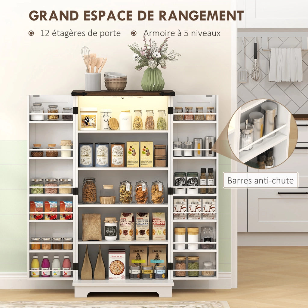Mobile dispensa credenza da cucina con 12 ripiani e luce LED magnetica regolabile, stile rustico, 60 x 40 x 120 cm, bianco