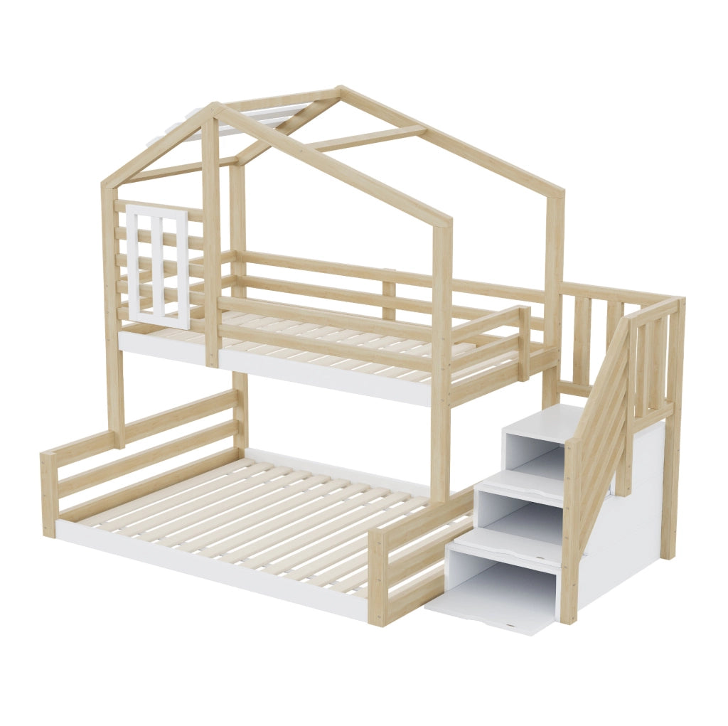 LETTO A CASTELLO 90x200 cm in pino e MDF naturale con scala contenitore