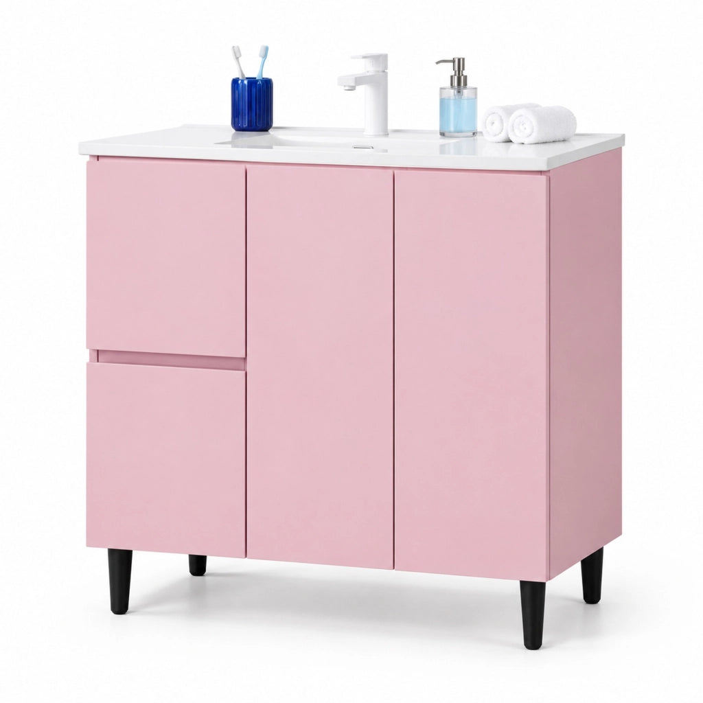 Mobile bagno con lavabo freestanding 76x47x89 cm rosa con luce LED a sensore HOMVRA