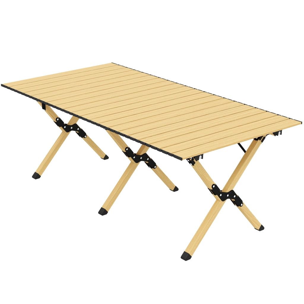 Tavolo da Campeggio Pieghevole in Alluminio 117 x 60 cm con Piano Arrotolabile Effetto Legno Borsa per Outdoor e Giardino