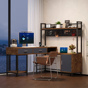 Scrivania angolare industriale 140x140x135 cm in MDF e metallo, colore nero e legno, con cassetti e anta soft-close