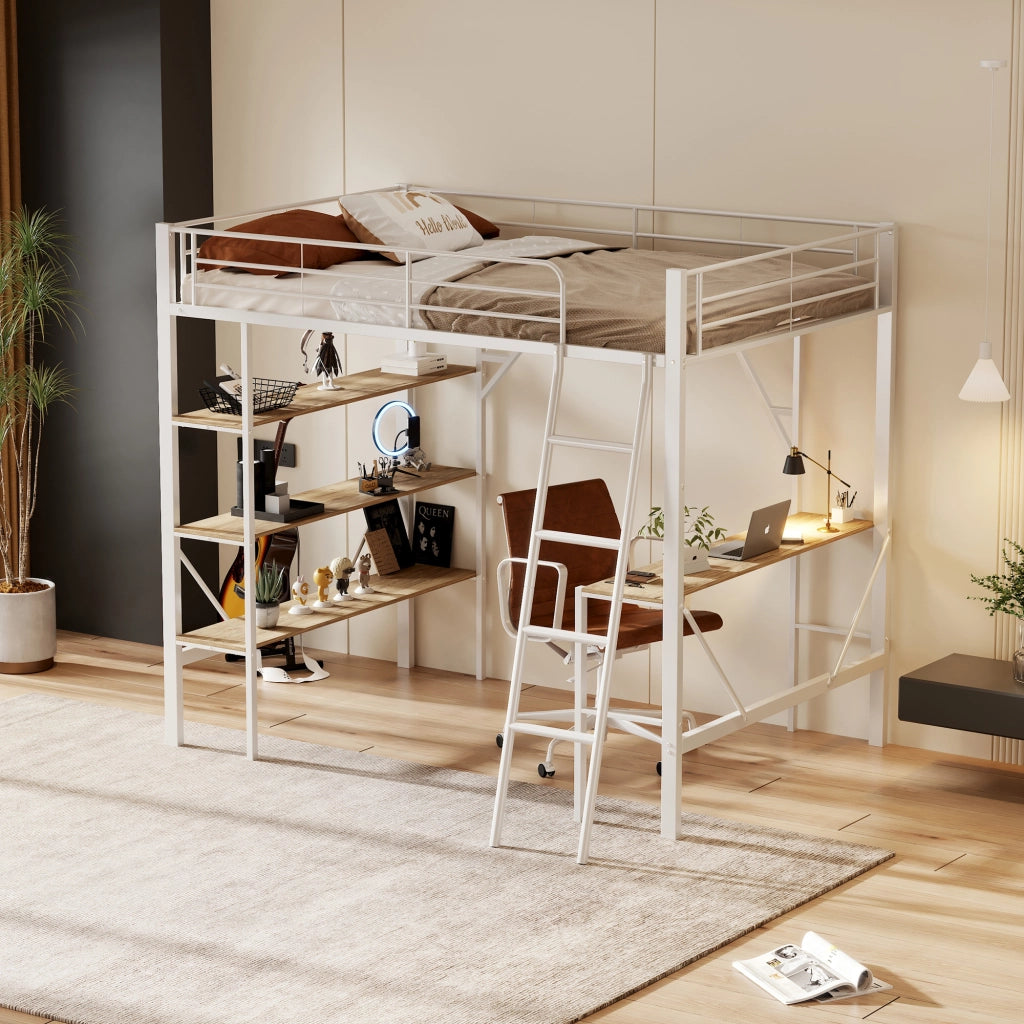 Letto a soppalco bianco 90x200 cm con scrivania e 3 scaffali in metallo e MDF