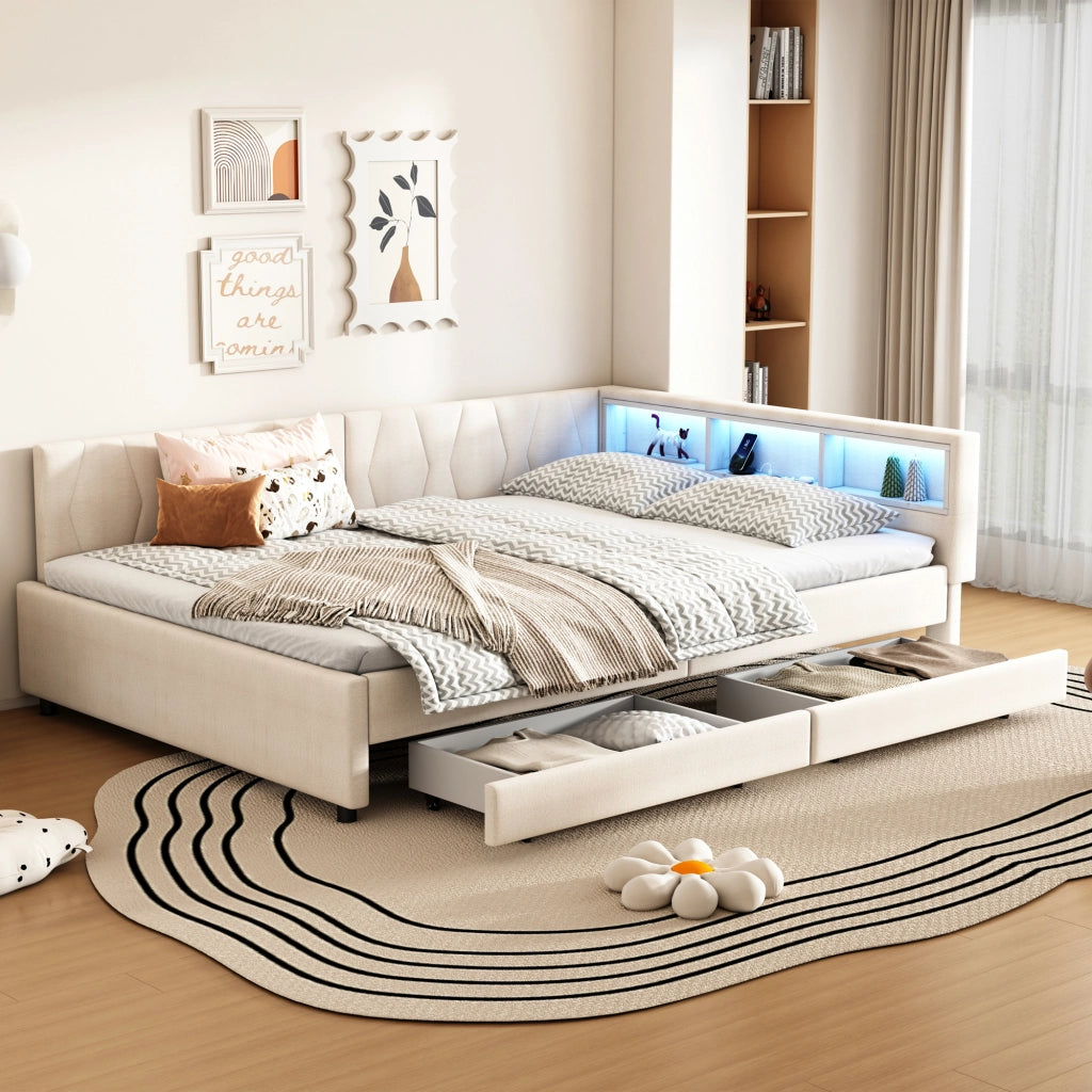 Letto matrimoniale 140×200 cm con LED; USB e Type C; cassetti e ripiani; senza materasso; lino e MDF; beige