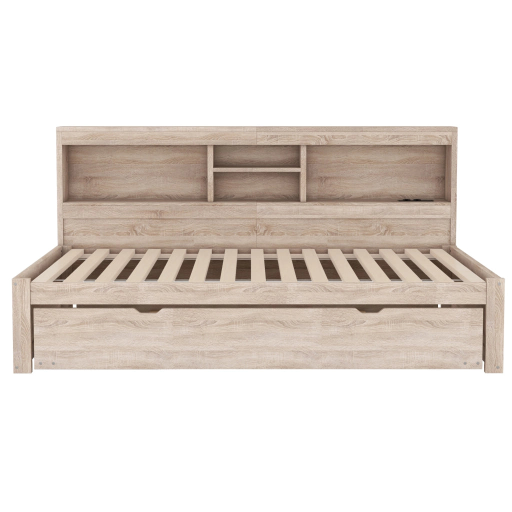 Letto estraibile singolo 90×200 cm con LED; vano laterale; prese e USB; senza materasso; naturale