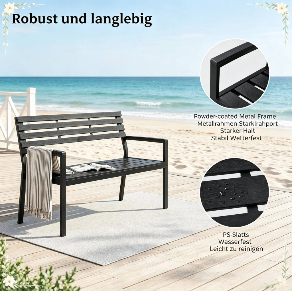 Panca da Giardino con Schienale in Metallo Verniciato e Lamelle in PS, 115x55x85 cm, Colore Nero