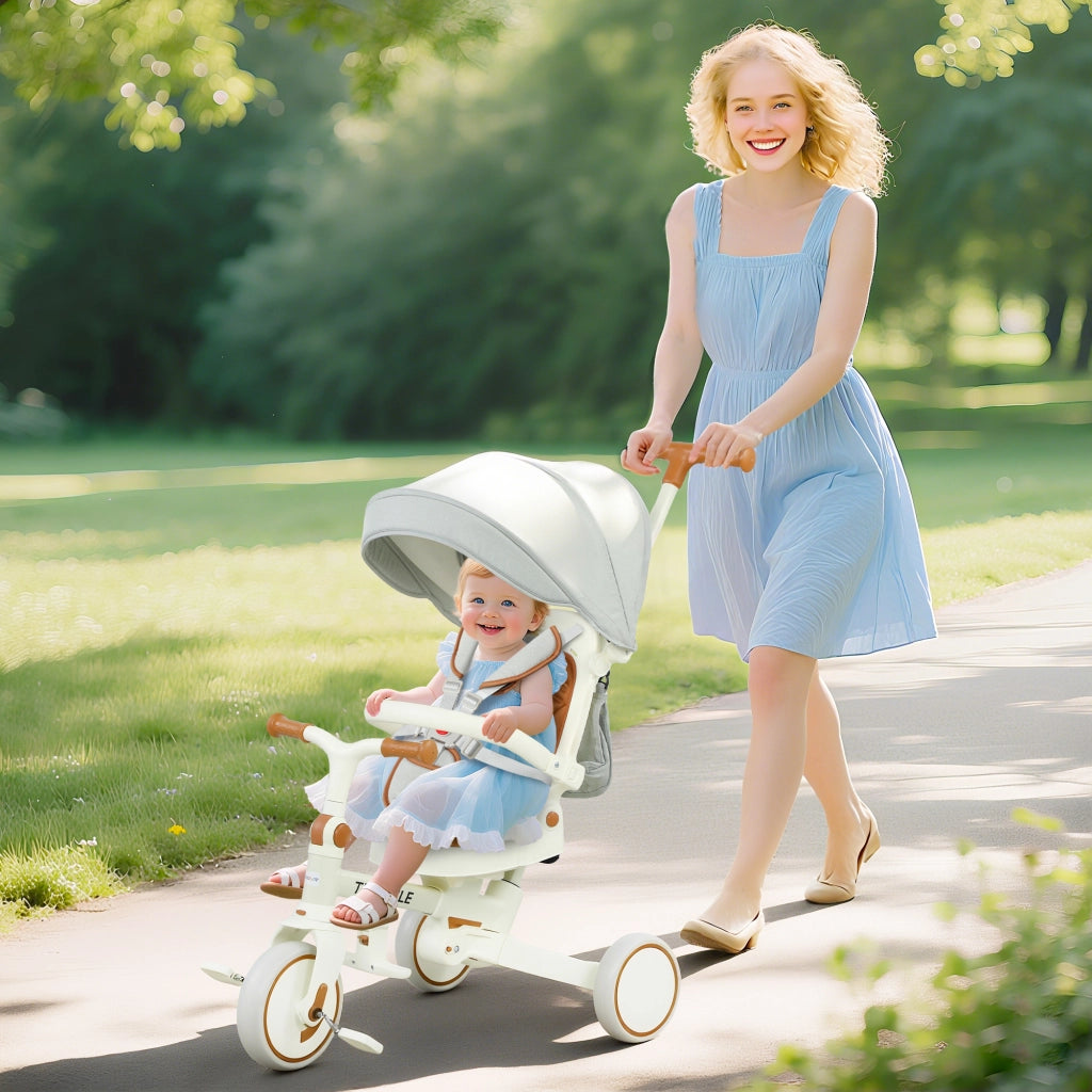 Triciclo per Bambini 5 in 1 96,5x49x101 cm con Maniglione e Cinture di Sicurezza Bianco Crema