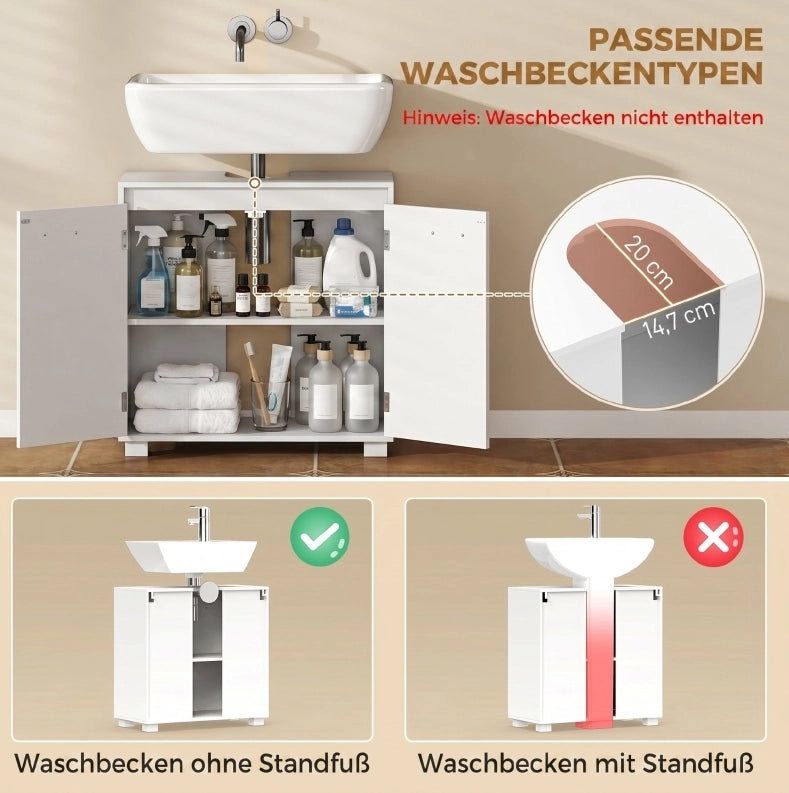 Mobile bagno moderno in MDF bianco con taglio a U e ripiano regolabile 60x30x60 cm