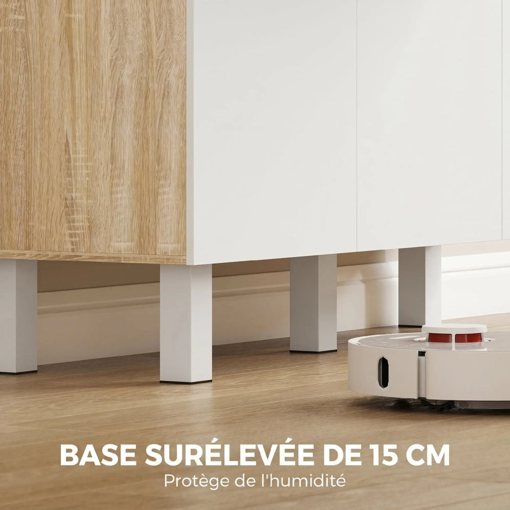 Mobile colonna da cucina con quattro vani chiusi cassetto ripiano aperto legno bianco e naturale 120 × 40 × 175 cm