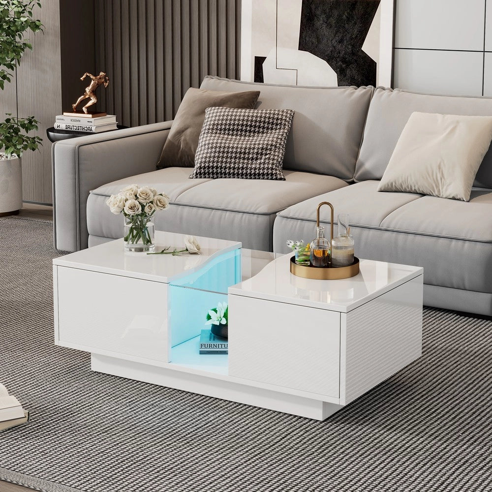 Tavolino da Caff¨¨ con LED e 2 Cassetti ¨C MINIMAL ¨C Bianco Lucido, MDF, 100x50x35