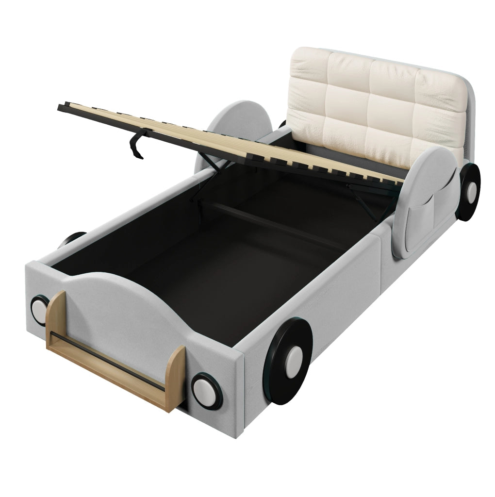 Letto imbottito 90x200 grigio con contenitore e tasche