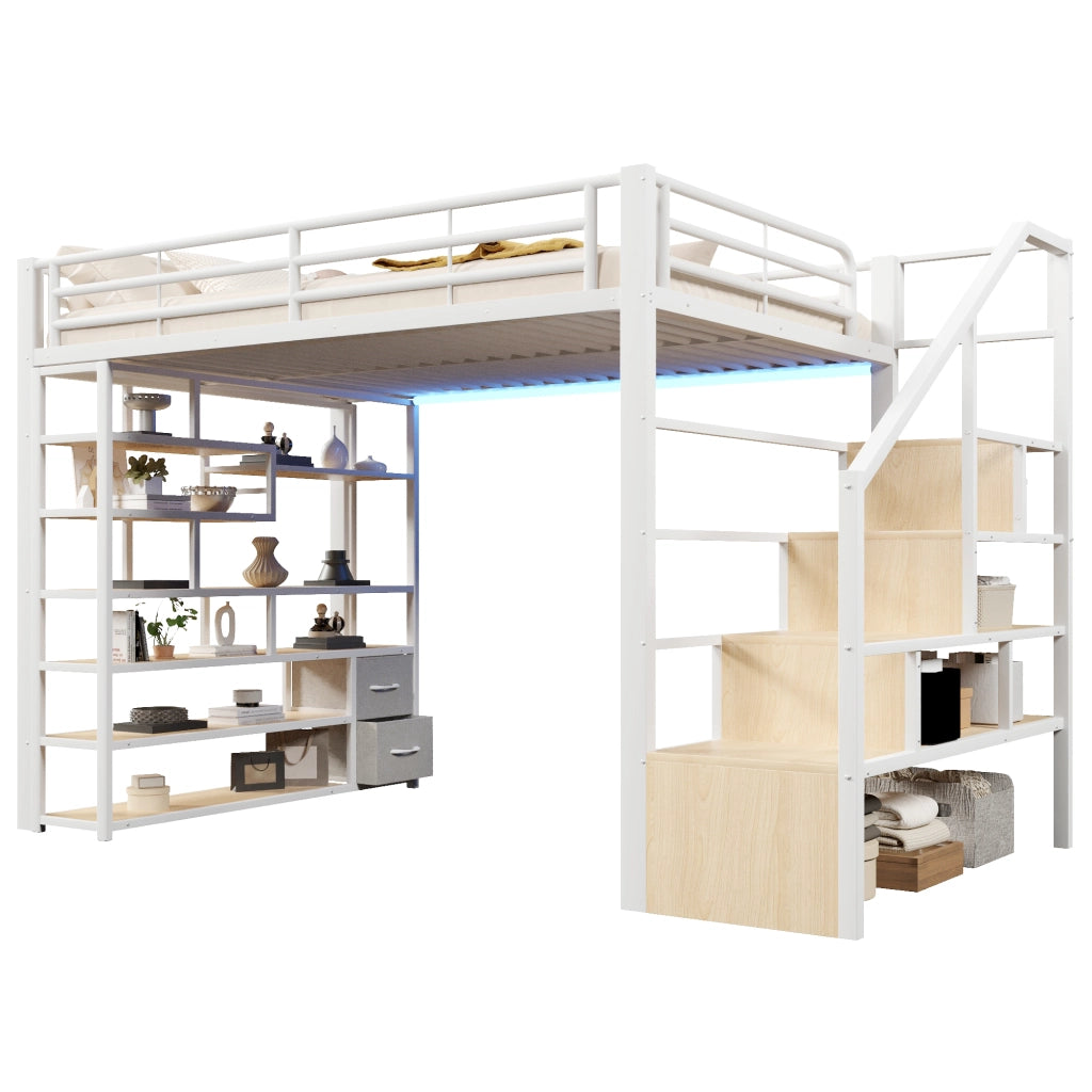 Letto a Soppalco 140x200 cm in MDF e metallo con Cassetti; LED; Ripiani; Sponde di Sicurezza Bianco