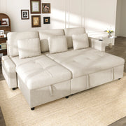 Divano letto 3 posti estraibile con vano contenitore, portabicchieri e ripiano in ciniglia beige chiaro