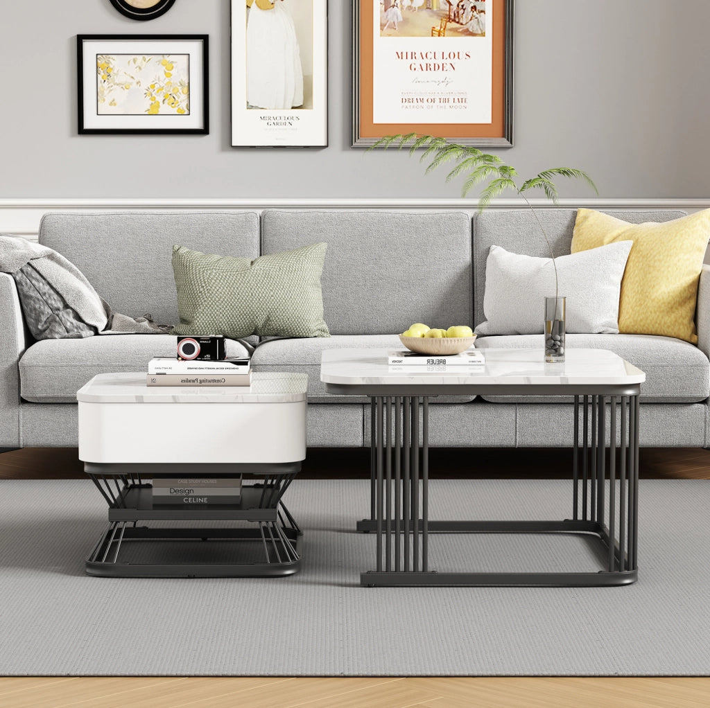 Set di 2 tavolini da caff¨¨ 70x70 e 50x50 cm con cassetto in MDF e metallo bianco e nero