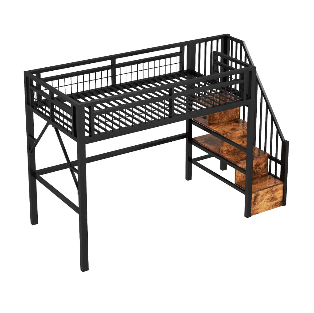 Letto a soppalco 90x200 cm con LED e scale contenitore nero HOMVRA
