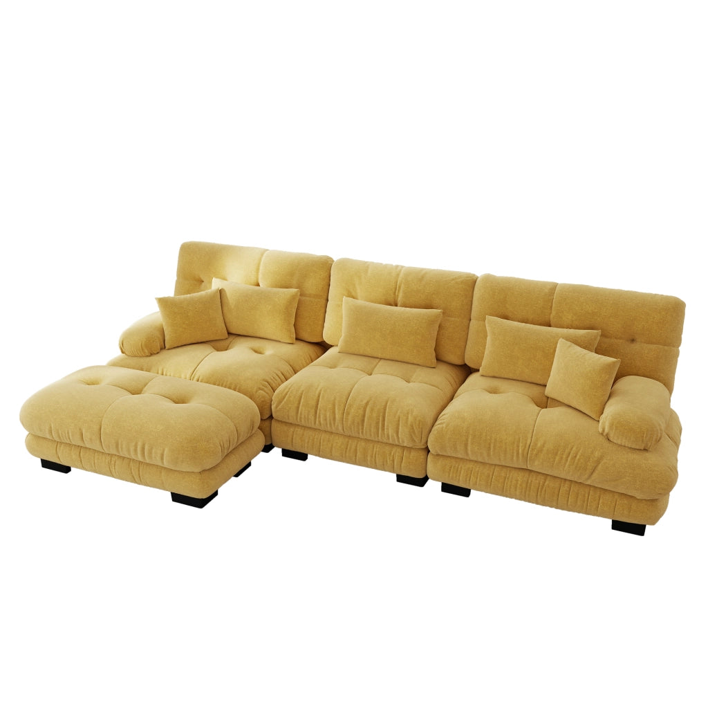 Divano angolare modulare 313x145x81 cm in ciniglia gialla con pouf